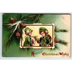 Christmas Postcard Children Boy Girl Pinecones Embossed Vintage Germany 1910